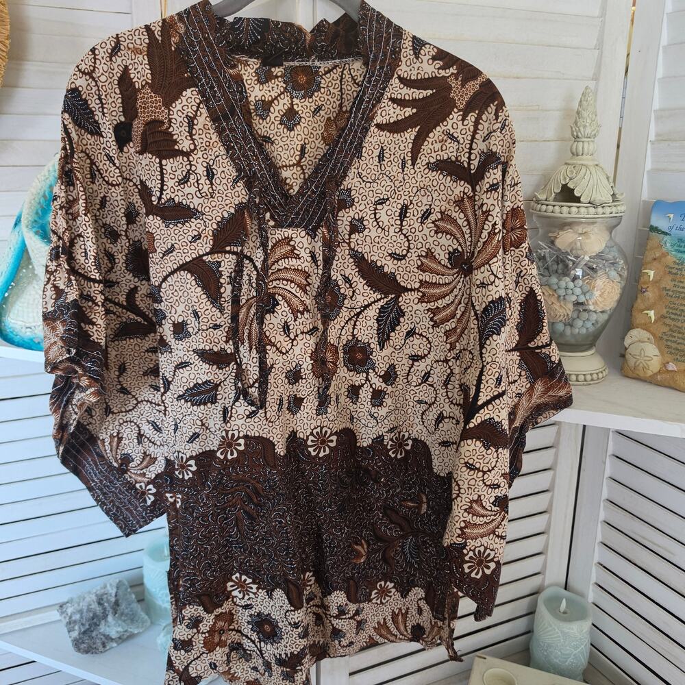 Brown Vintage Batik Blouse Kimono Sleeves SZ S| Boho, Festival